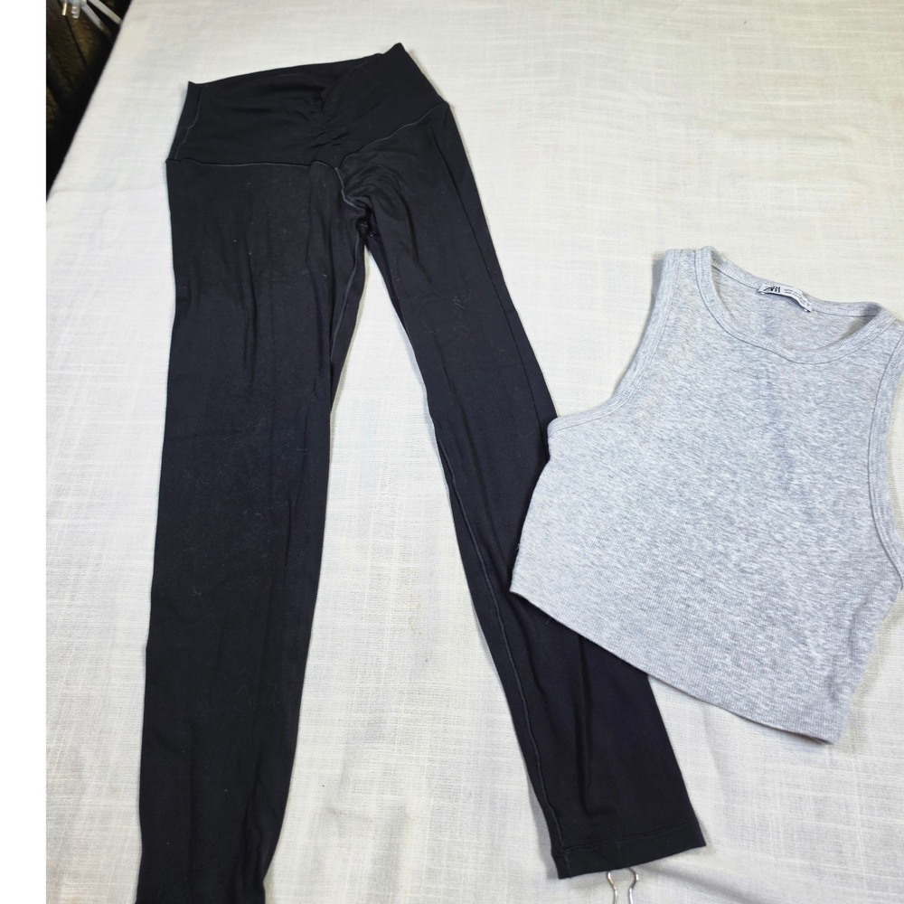 Aerie OFFLINE Real Me Leggings and Zara Ribbed Crop Tank Top Set Grey Black M